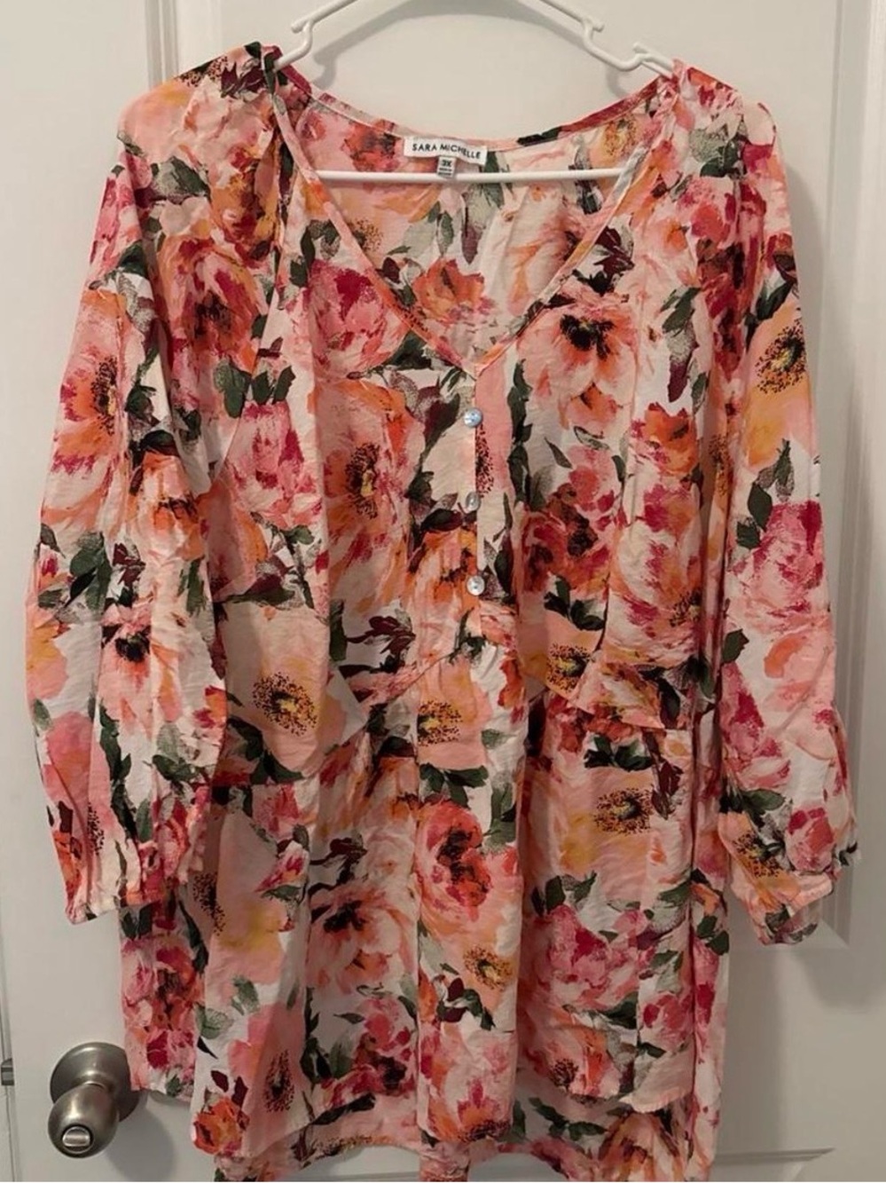 Sara Michelle Pink Coral and Green Floral V-Neck Tunic